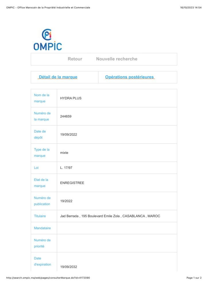 Document OMPIC de la marque HYDRA PLUS déposée en 2022
